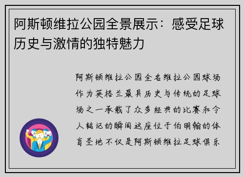 阿斯顿维拉公园全景展示:感受足球历史与激情的独特魅力